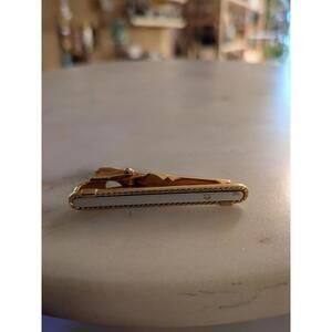 Nice! Vintage Christian Dior Tie Bar Clip Clasp Gold Tone White Logo Tack